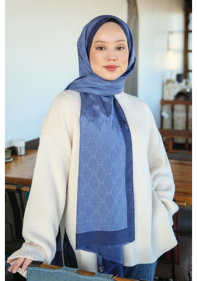 Premium Lux Original Monogram Şal İpek Vual, Yüksek Kalite, Hafif, Rahat, Şık, Tesettür, Shawl Mavi Lacivert Şeritli