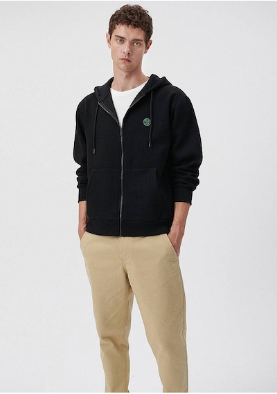Erkek Mavi Logolu Kapüşonlu Fermuarlı Sweatshirt-siyah Siyah