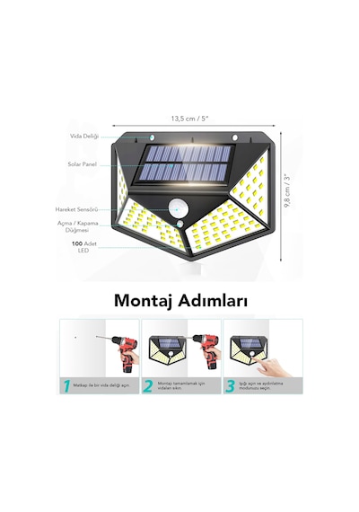2 Adet Güneş Enerjili Duvar Lambası - Solar 100 Led Işık 3 Modlu Hareket Sensörlü Bahçe Aydınlatma Siyah
