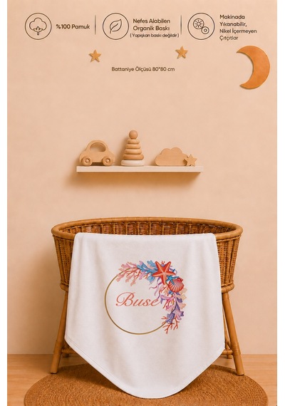 Kız Bebek Hediyesi İsme Özel 80x80 Cm Çift Kat Penye Bebek Battaniyesi %100 Pamuk Ham Bez Kıyafet Keseli 1037bkyx Ekru
