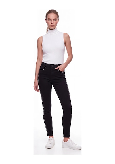 CEMO Kadın Yüksek Bel Taş İşlemeli Skinny Jean Pantolon Siyah