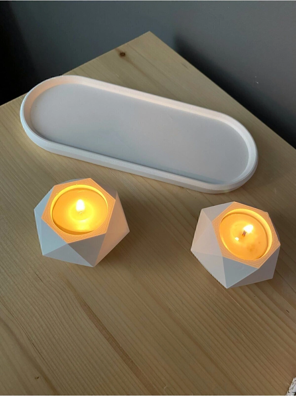 Geometrik Tealight Beton Mumluk, Oval Tabaklı Dekoratif Hediyelik Set Ham Beyaz Beyaz