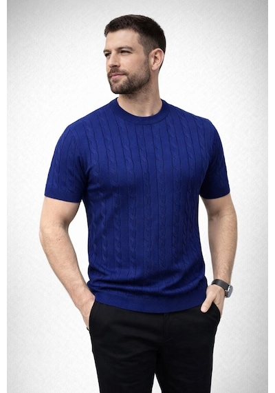 Erkek Yazlık Triko Dokuma Tişört Kısa Kol Bisiklet Yaka Örgü Desenli T-shirt - Lacivert Çok Renkli