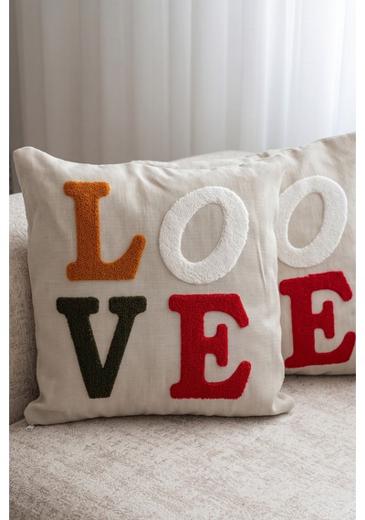 2'li Punch İşlemeli Kırlent Kılıfı Modern Bohem Dekoratif Koltuk Yastık Kılıfı Love Love