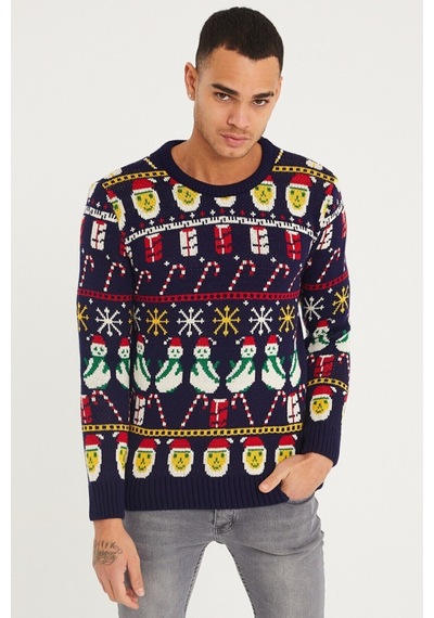Cool Tarz Erkek Lacivert Christmas Yılbaşı Kazağı Lacivert Lacivert