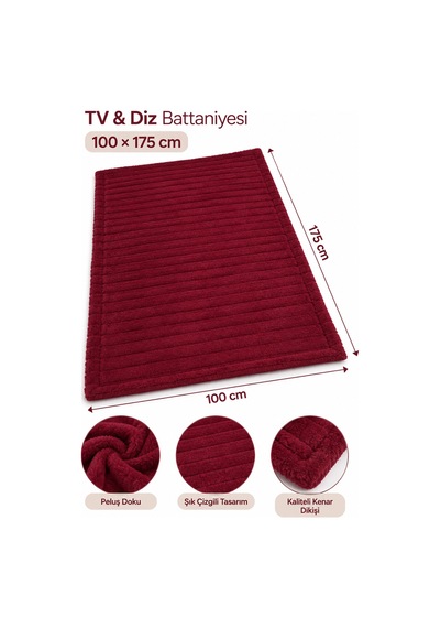 Tek Kişilik Peluş Tv Diz Battaniyesi 100x175 Cm Bordo