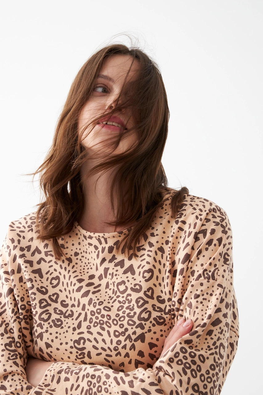 Akbeniz Kadın Oversize Bej Leopar Desenli Pamuklu Kalın Pijama Takımı Bej