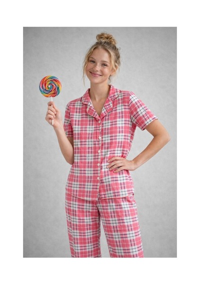 Rindahomewear Süprem Örme Kumaş Pembe Ekose Desenli Düğmeli Pijama Takım Pembe Ekose