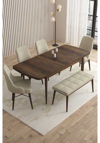 Loft Barok Desen 80x132 Açılabilir Mdf Masa Yemek Odası Takımı, Mutfak Takımı 4 Sandalye, 1 Bench Krem