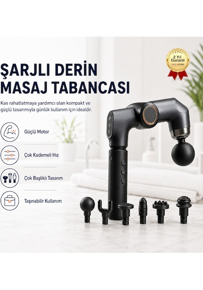 Şarjlı Derin Doku Masaj Tabancası Çok Başlıklı Ayarlanabilir Hızlı Kas Masaj Cihazı-1737 Gri