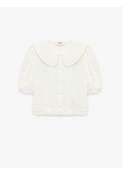Koton Viskon Karışımlı Kısa Kollu Düğmeli Crop Bebe Yaka Bluz Ekru 6skg60066aw