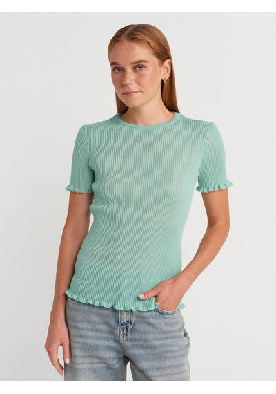 Dilvin 10783 Bisiklet Yaka Fırfırlı İnce Triko Bluz-mint Mint