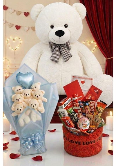 3 Lü Kadınlar Günü Hediye Seti 90 Cm Peluş Ayı, Love Çikolata Sepeti & Mavi Peluş Ayıcık Buketi 27147166