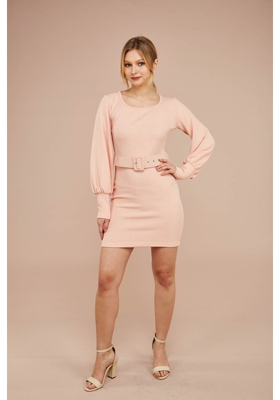 Zafir Butik Pembe Yaka Kemerli Elbise Pembe Pembe