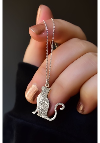 Papatya Silver 925 Ayar Gümüş Antik ve Etnik Desenli, Vintage Kedi Kolye