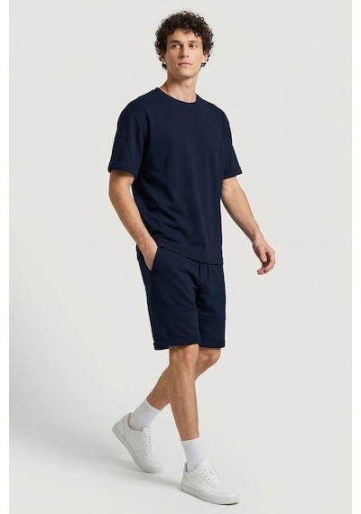 Lacivert Oversize Fit Yumuşak Dokulu Basic Erkek Şort Takım - 85274 Lacivert