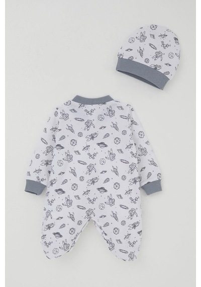 Breeze Erkek Bebek Patikli Tulum Uzay Temalı Minik Astronat Desenli 0-6 Ay, Beyaz