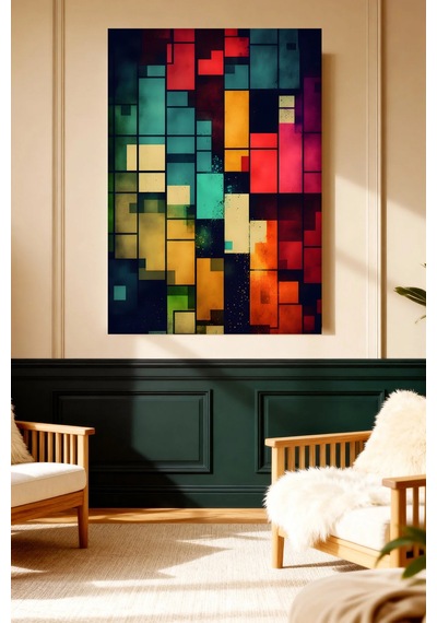 Mushen Studio Soyut Geometrik Renkli Kareler Mozaik Kanvas Tablo Modern Ofis Salon Dekoru