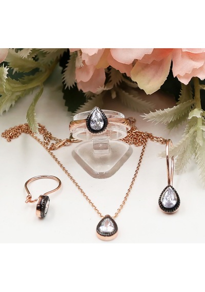 Elmas Montürlü Damla Tek Taşlı Set Rose Gold - Gümüş
