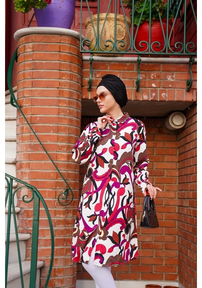 Polologin Butik Fuşya Renkli Soyut Desenli Uzun Tunik Pembe