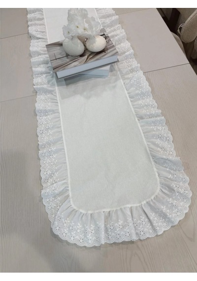 % 100 Pamuk Ham Keten Fisto Fırfırlı Oval Runner Beyaz 45x140