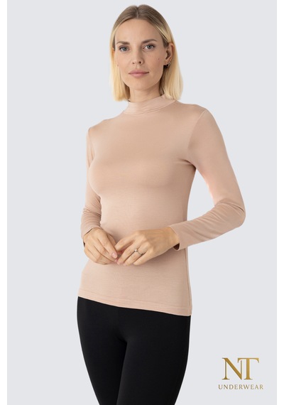 Nt Underwear Kadın Bambu Balıkçı Yaka Uzun Kol Body Hafif, Rahat Ve Şık Bej