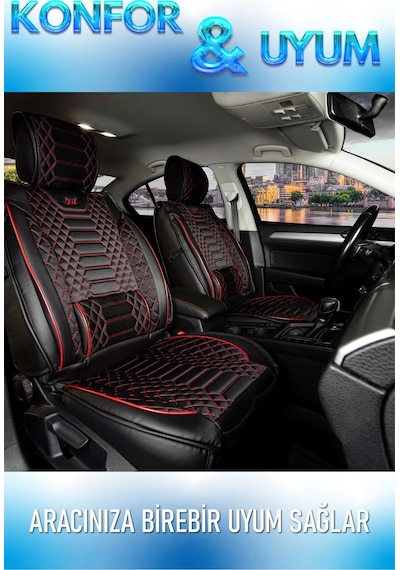 Fiat Tipo Uyumlu Lüks Deri Oto Koltuk Kılıfı Ön Arka Takım Set Siyah Kırmızı Royal Model Fs