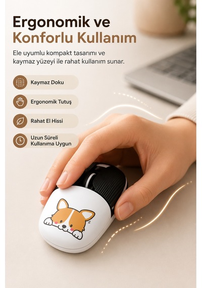Şarjlı Bluetooth 2.4g Sessiz Kablosuz Mouse Köpek Desenli Çok Renkli Diğer