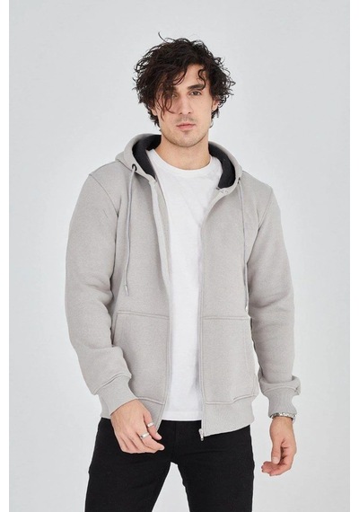 Erkek 3 İplik Pamuklu Fermuarlı Kapüşonlu Kanguru Cepli Hoodie Hırka Sweatshirt - Boyalı Gri Çok Renkli