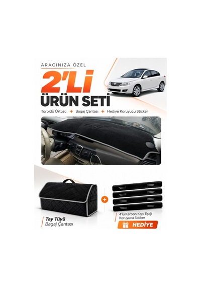 Renault Latıtude 2010-2015 Uyumlu Torpido Örtüsü + Tay Tüyü Bagaj Çantası + Sticker - Siyah Gri