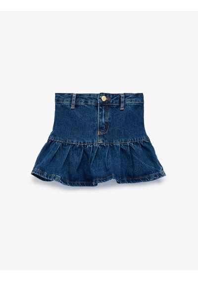 Koton Pamuklu Düğmeli Balon Form Pileli Mini Jean Etek Orta İndigo 6skg70003ad İndigo
