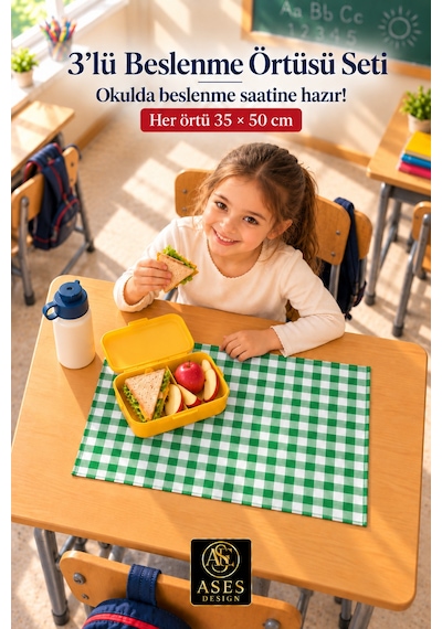 3 Lü Set Yıkanabilir Beslenme Örtüsü 35x50 Cm Yeşil Beyaz Kareli - Anaokulu Ve İlkokul