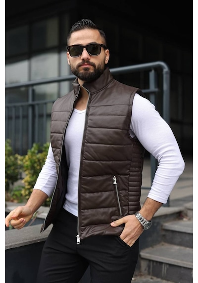 Basic Slim Fit Deri Yelek Kahverengi