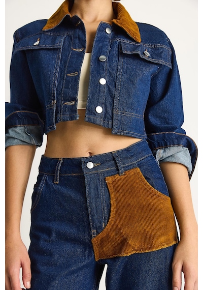 Shade Kadın Kadife Yaka Ceket Renk Bloklu Wide Leg Pantolon Denim Takım 6087 60283532 - Lacivert