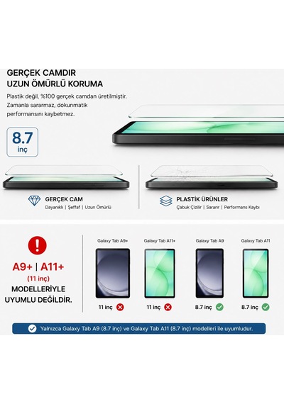 Samsung Galaxy Tab A11 / A9 8.7 Inç Uyumlu Temperli Cam Ekran Koruyucu,parlak Kalemle Uyumlu