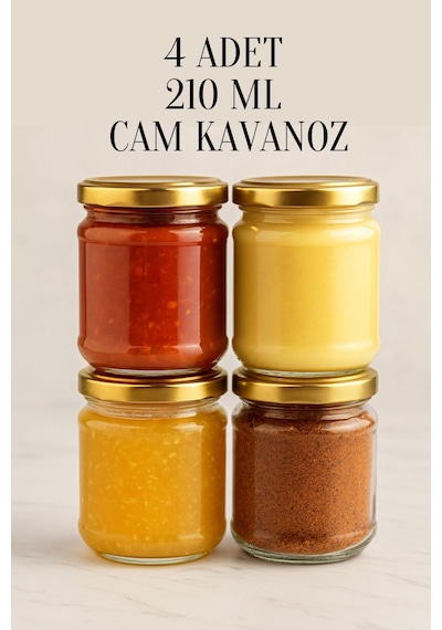 Rotanev Metal Gold Altın Konserve Kapaklı Yoğurt Saklama Şeffaf Cam Kavanoz 4 Adet 210 ml