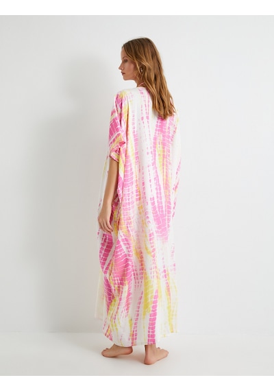 Koton Uzun Plaj Elbisesi Oversize Batik Desenli V Yaya Viskoz Kumaş Pembe Desenli 4sak80012mw Pembe