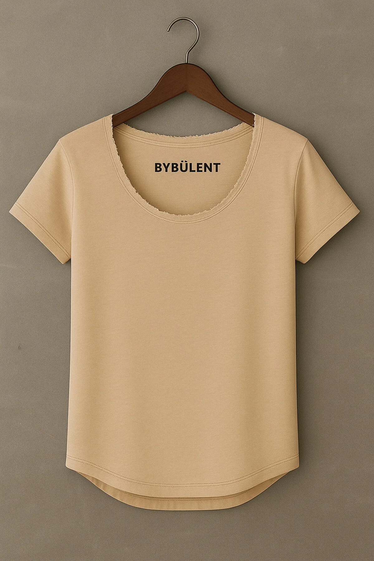 Erkek Vizon Özel Üretim Geniş Pis Yaka Alt Oval Kesim Tişört T-shirt Vizon