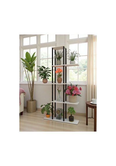 5 Raflı Dekoratif Bitki Standı Sökülebilir Kolay Kurulum Saksı Rafı Salon Balkon Çiçeklik Organizer Beyaz