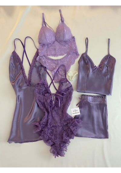 Mh Moony Homewears Kutulu 6'lı Saten Lila Pijama Iç Giyim Çeyiz Seti LILA