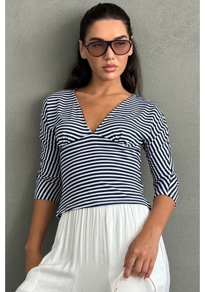 Madmext Lacivert Çizgili V Yaka Slim Fit Kadın Bluz Mg2887