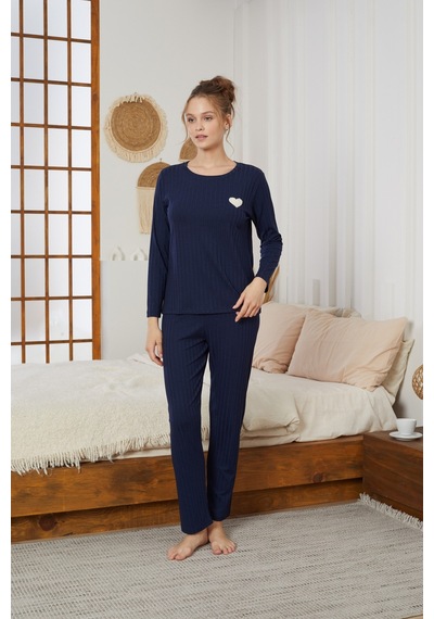 Siyah İnci Fitilli Örme Pijama Takım25226003 Lacivert