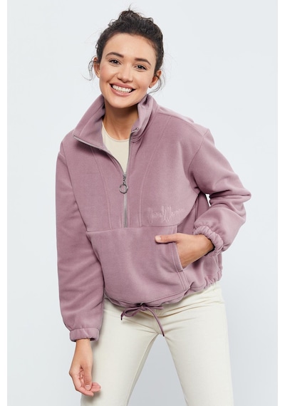 Tommy Life Gül Kurusu Yarım Fermuar Etek Ucu Büzgülü Kadın Polar Oversize Sweatshirt - 97171 Gülkurusu