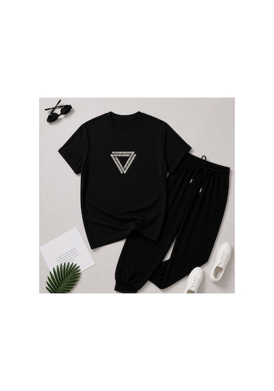 Herkesemoda Yazı Baskı Detaylı T-shirt Eşofman Takımı Siyah