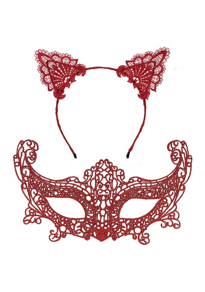 Romantik Kırmızı Dantel Maske Seti Kedi Kulaklı Taç Ve Maske 3 No 5691 "