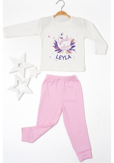 Pia Baby İsimli Kız Çocuk Pijama Takımı %100 Pamuk Penye İsme Özel Baskılı Kişiselleştirilebilir Pijama Seti 20725p14pi Krem