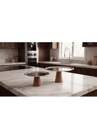 Famwoodart 2'li Ahşap Ayaklı Çelik Metal Sunum Tabağı,kek-pasta Standı,şekerlik,peynir Tabağı 28 Ve 21 Cm Metal - Ceviz