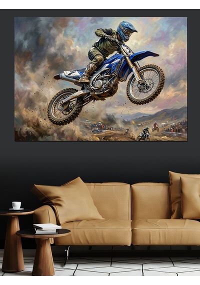 Havada Süzülen Modern Motosiklet Sürücüsü Dekoratif Kanvas - Mdf Ahşap Tablo