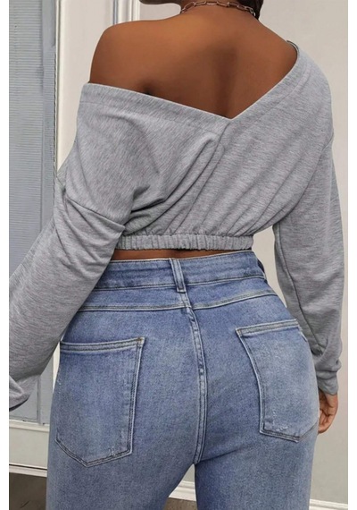 Tarz Cool Kadın Omuz Dekolteli Lastikli Crop Sweatshirt %100 Pamuk Gri