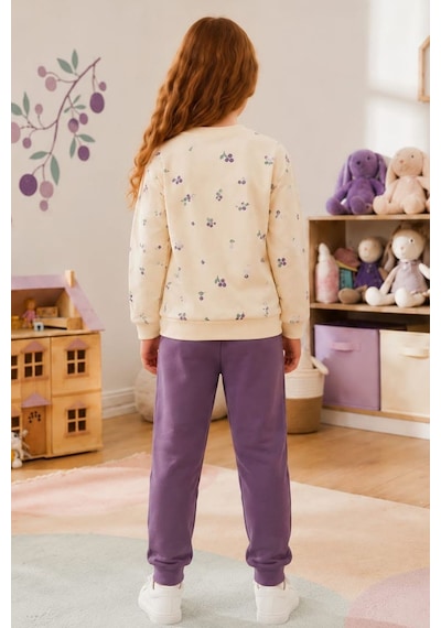 Pina Kids Kız Çocuk Kirazlı Desenli Okul Günlük Eşofman Takımı Esf7034 Mürdüm
